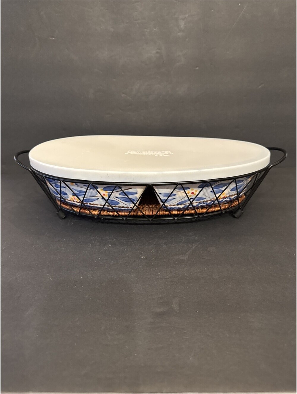Temptations By Tara Old World Blue 2 Qt Divided Covered Casserole W Metal Stand